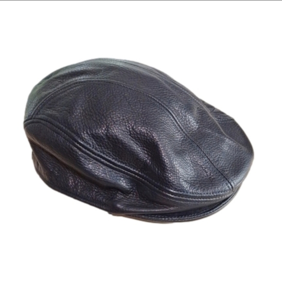 RARE FIND Vintage 70s United Hatters Millinery Leather Flat Black Mens Biker Hat - Picture 1 of 9